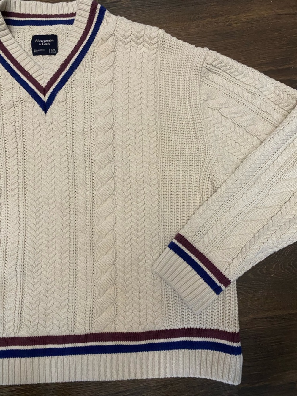 Abercrombie Fitch Mens V-Neck Striped Cable Knit Sweater Beige Preppy - Picture 4 of 6